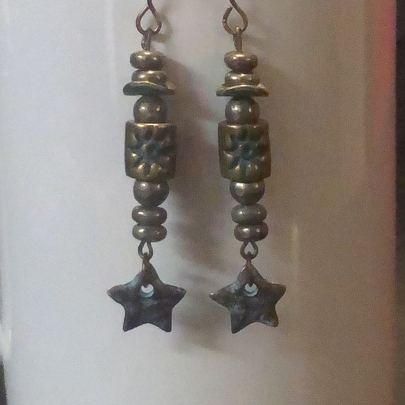 pyrite & patina star earrings handcrafted - Picture 9 of 14